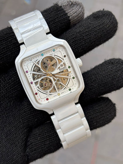 Rado White Rainbow Dial Ceramic Automatic Open Heart Watch For Men's