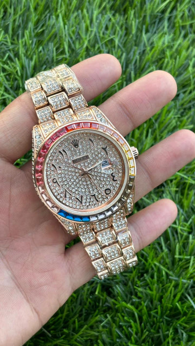 Luxury Rose Gold Rainbow Crystal Watch | Iced Out Steel Watch