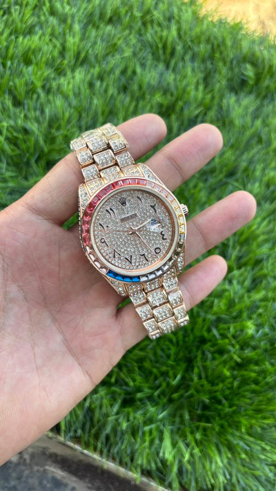 Luxury Rose Gold Rainbow Crystal Watch | Iced Out Steel Watch