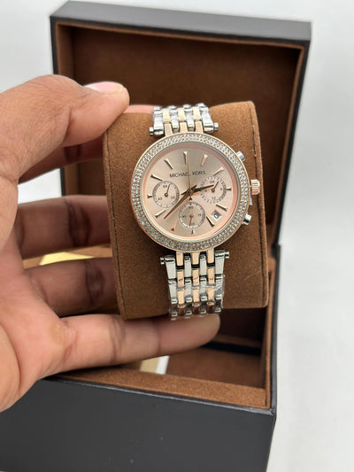 Michael Kors Rose Gold Silver Chronograph Watch | Crystal Bezel