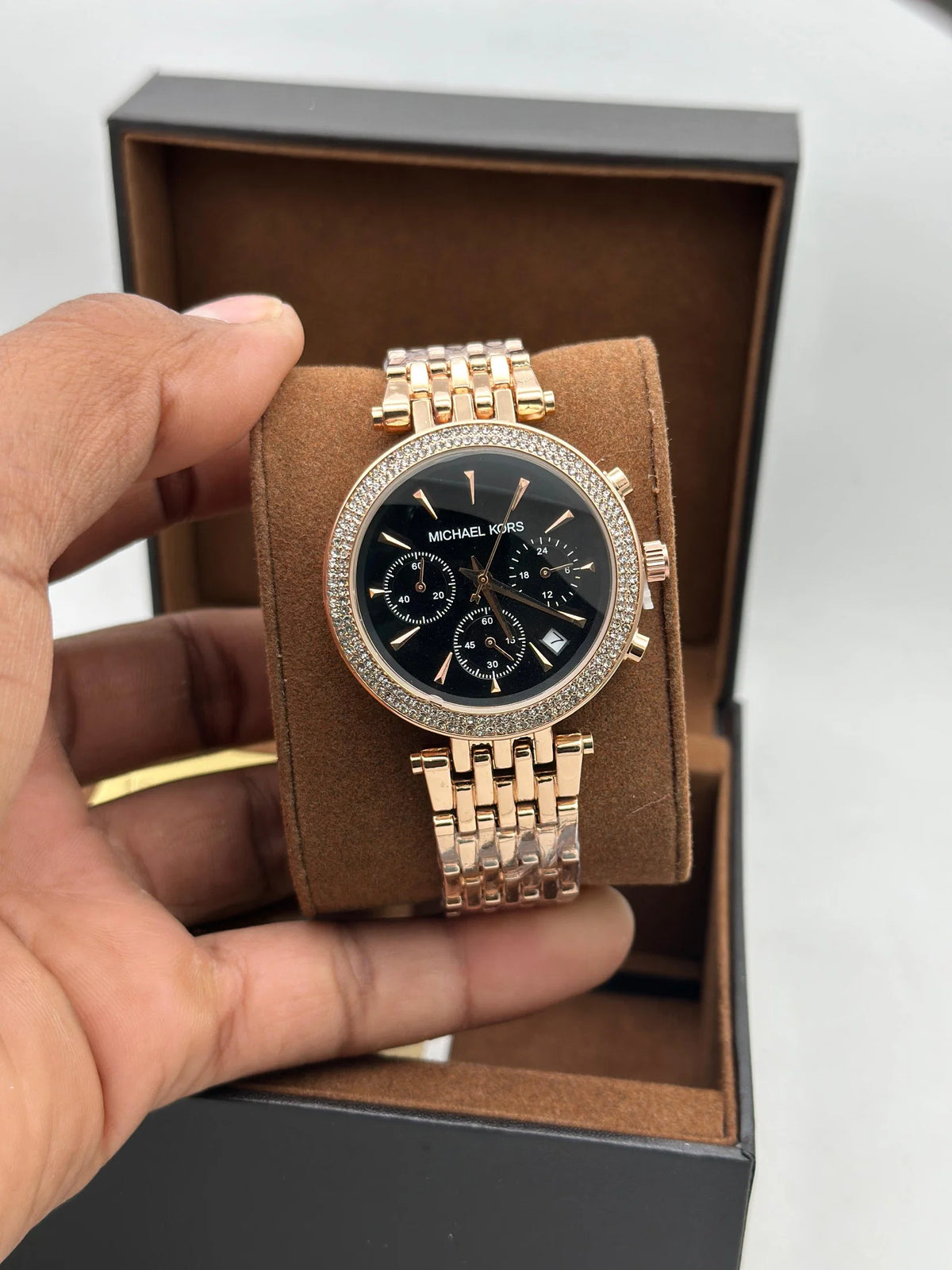 Michael Kors Rose Gold Silver Chronograph Watch | Crystal Bezel