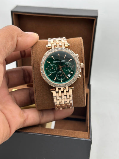 Michael Kors Rose Gold Silver Chronograph Watch | Crystal Bezel