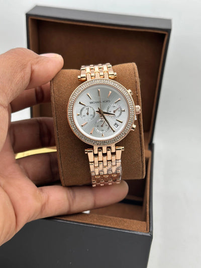 Michael Kors Rose Gold Silver Chronograph Watch | Crystal Bezel