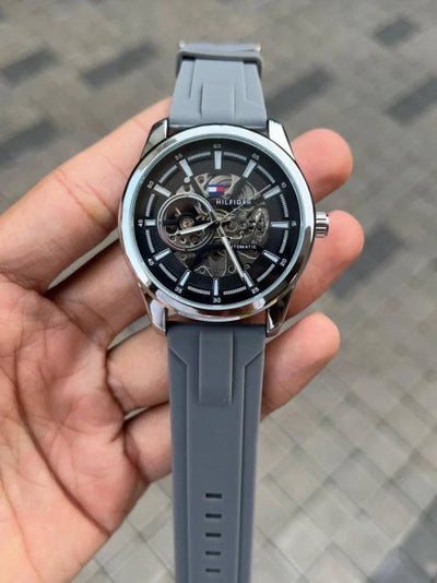 Men's Silver Skeleton Automatic Watch with Grey Silicone Strap