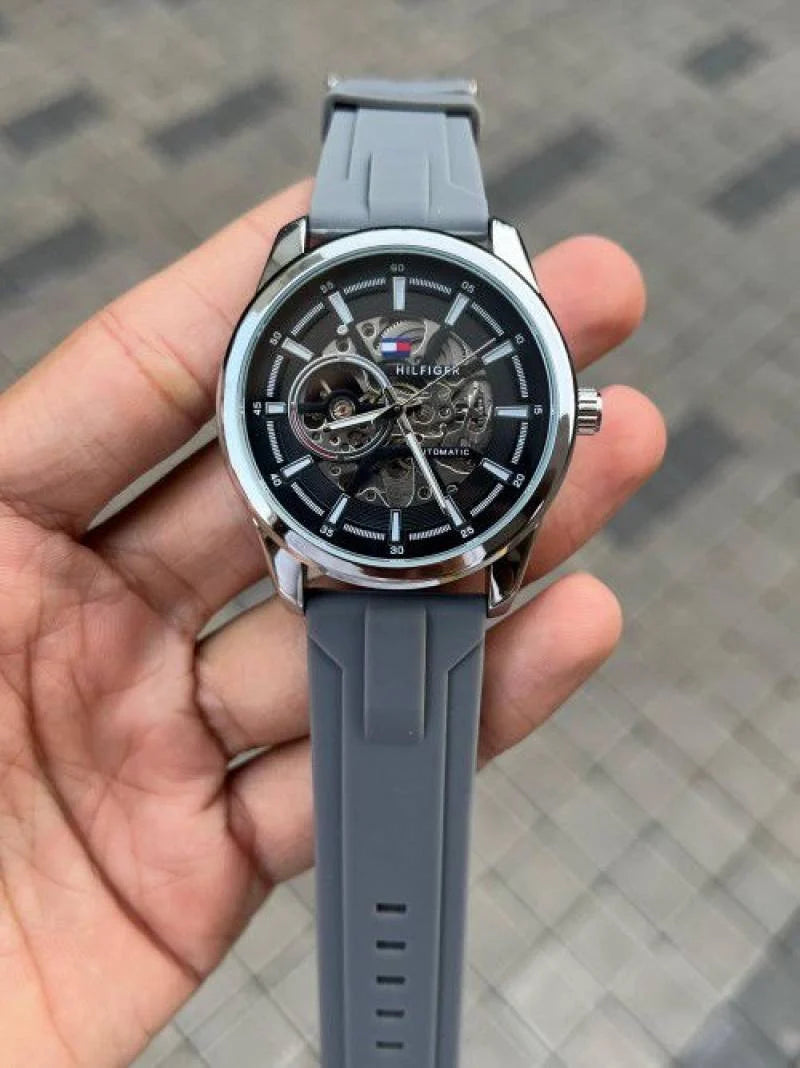 Men's Silver Skeleton Automatic Watch with Grey Silicone Strap