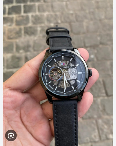 Men’s Black Skeleton Automatic Watch with Leather Strap