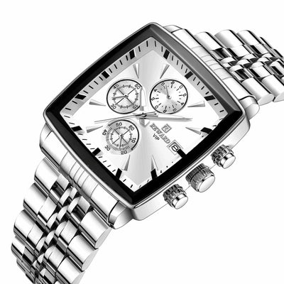 Men's Silver Rectangular Chronograph Watch with Stainless Steel Bracelet