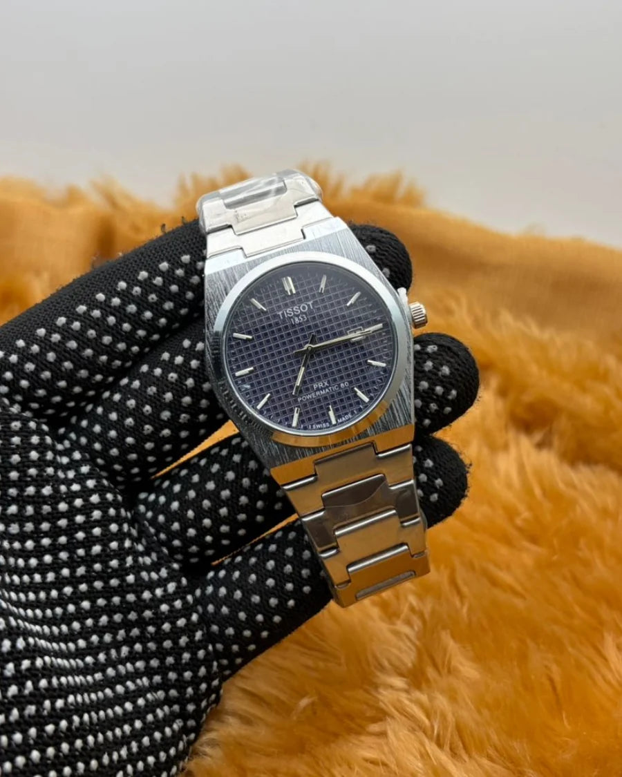 Men’s Silver Watch with Blue Textured Dial