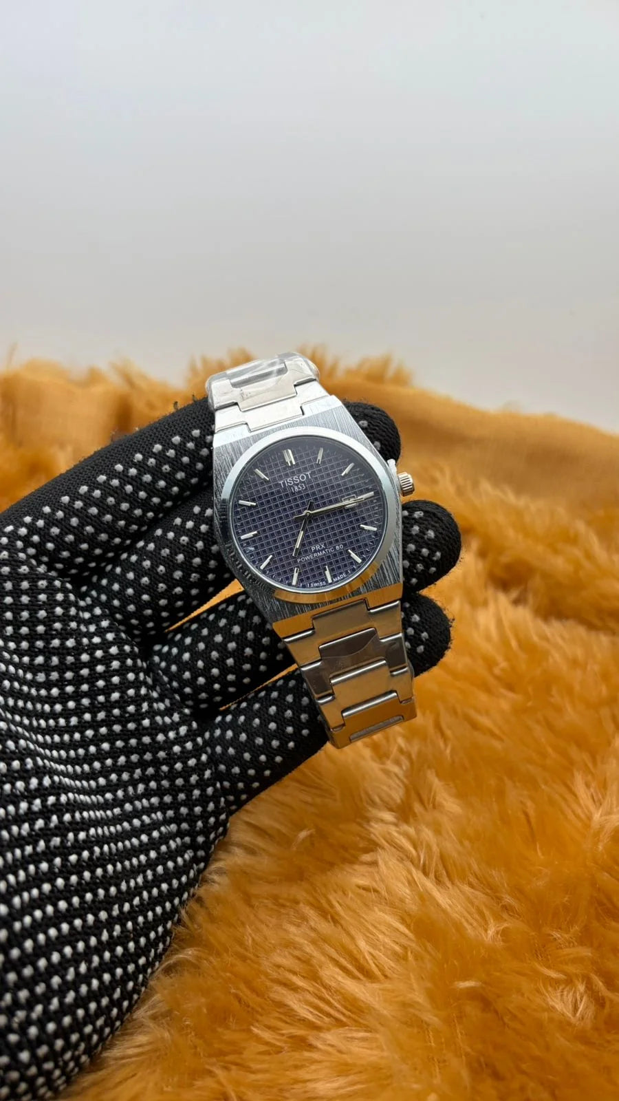 Men’s Silver Watch with Blue Textured Dial
