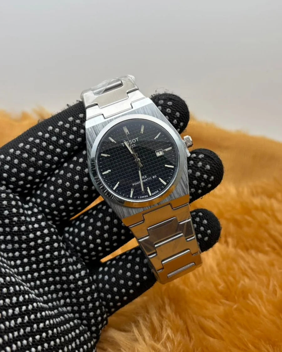 Men’s Silver Luxury Watch with Black Textured Dial