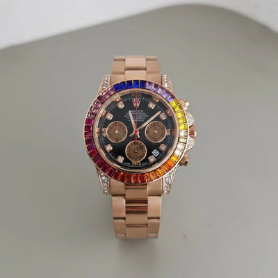 Luxury Rose Gold Rainbow Bezel Chronograph Watch