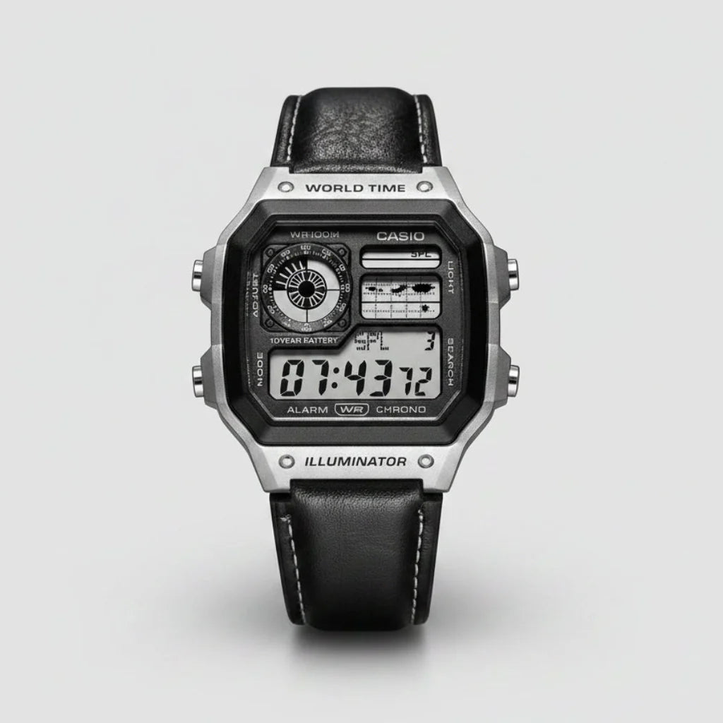 Casio World Time  Digital Watch with Premium Black Leather Strap