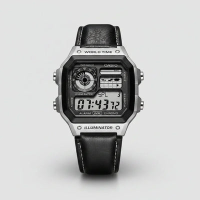 Casio World Time  Digital Watch with Premium Black Leather Strap