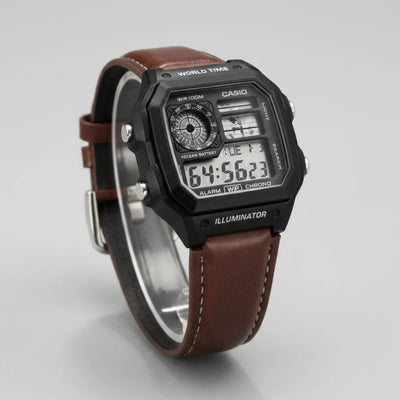 Casio Style Digital Sports Watch for Men – Black World Time Watch with Brown Leather Strap