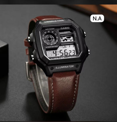 Casio Style Digital Sports Watch for Men – Black World Time Watch with Brown Leather Strap