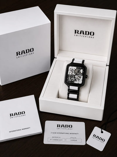 Rado Switzerland Black & White Ceramic Skeleton Automatic Watch for Men