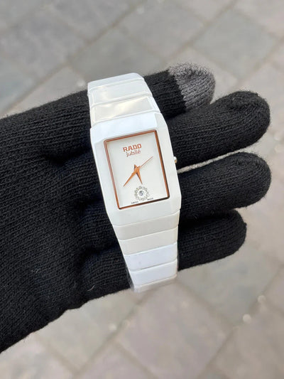 Elegant White Rectangular Watch | Rose Gold Dial & Date