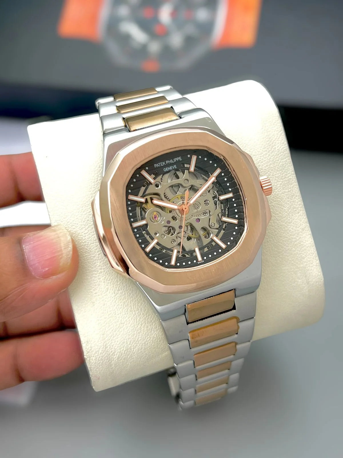 Luxury Two-Tone Skeleton Watch for Men | Rose Gold Steel Watch