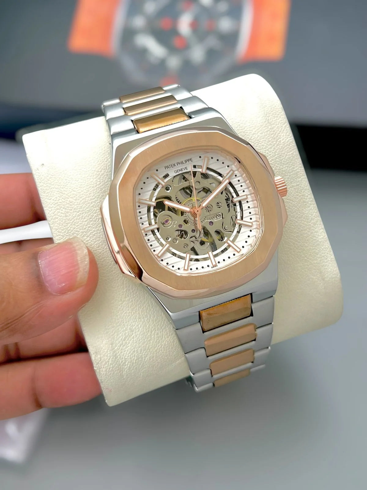 Luxury Two-Tone Skeleton Watch for Men | Rose Gold Steel Watch