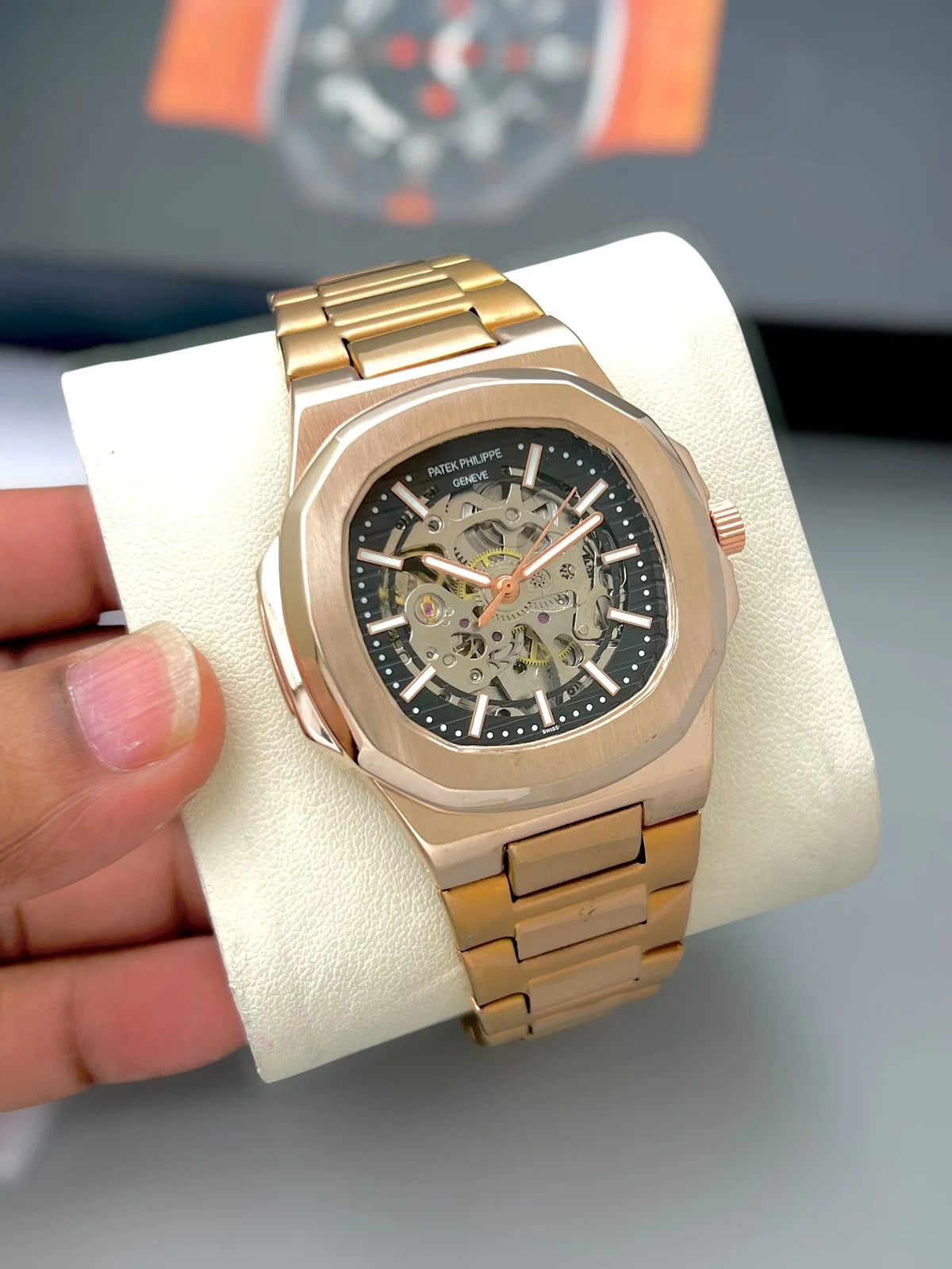 Luxury Two-Tone Skeleton Watch for Men | Rose Gold Steel Watch
