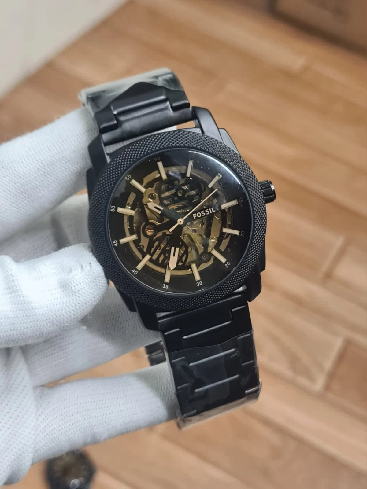 Fossil Black Stainless Steel Skeleton Watch with Gold-Tone Dial