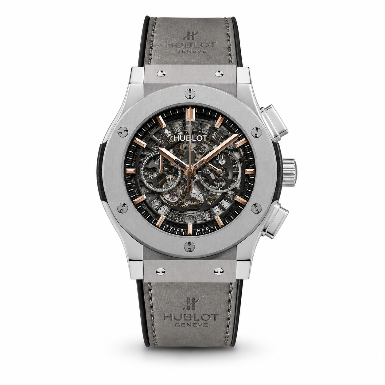 Silver Case, Grey Leather Strap & Openwork Dial