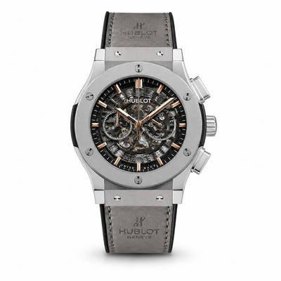 Silver Case, Grey Leather Strap & Openwork Dial