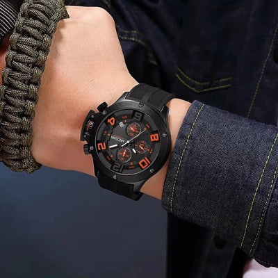 Black Orange Chronograph Sports Watch | Bold Dial & Date