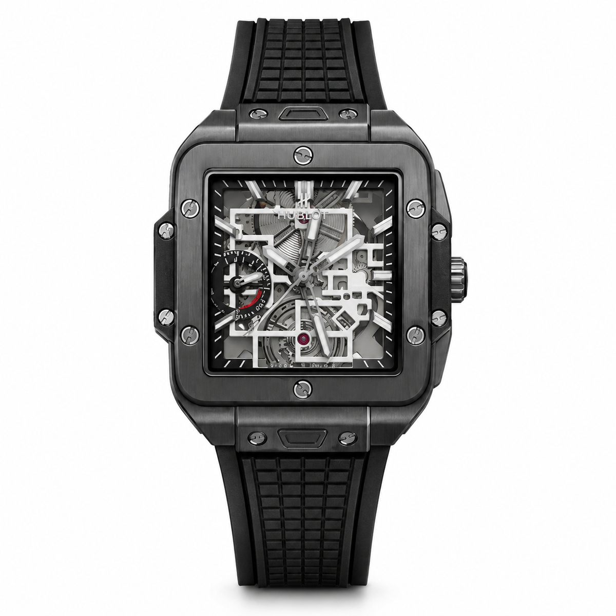 Luxury Black Skeleton Men’s Watch with Square Case & Rubber Strap