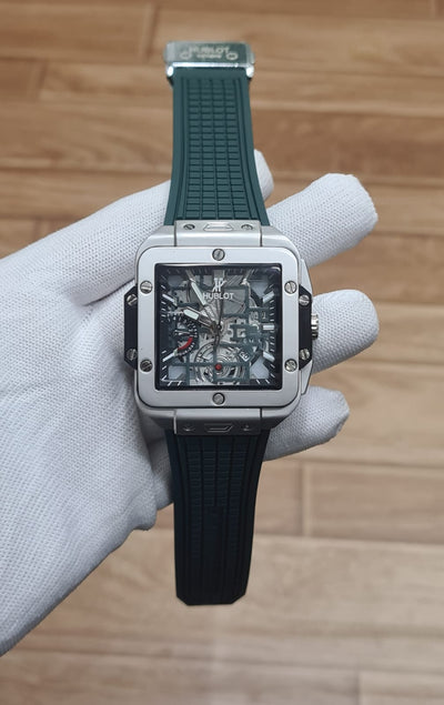 Luxury Black Skeleton Men’s Watch with Square Case & Rubber Strap