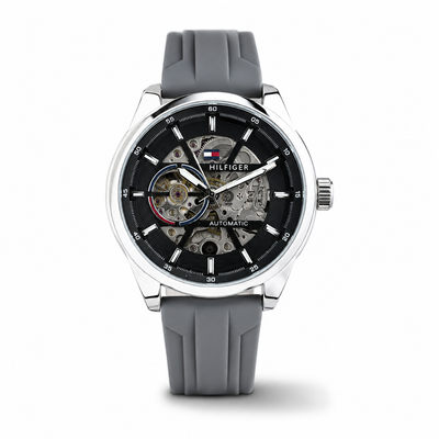 Men's Silver Skeleton Automatic Watch with Grey Silicone Strap