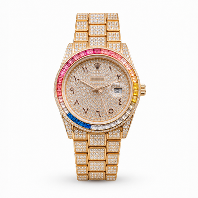 Luxury Rose Gold Rainbow Crystal Watch | Iced Out Steel Watch