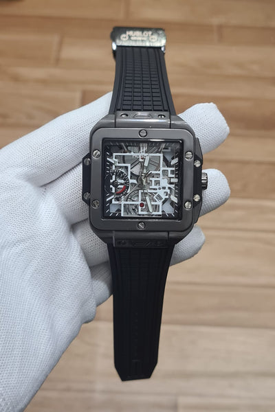 Luxury Black Skeleton Men’s Watch with Square Case & Rubber Strap