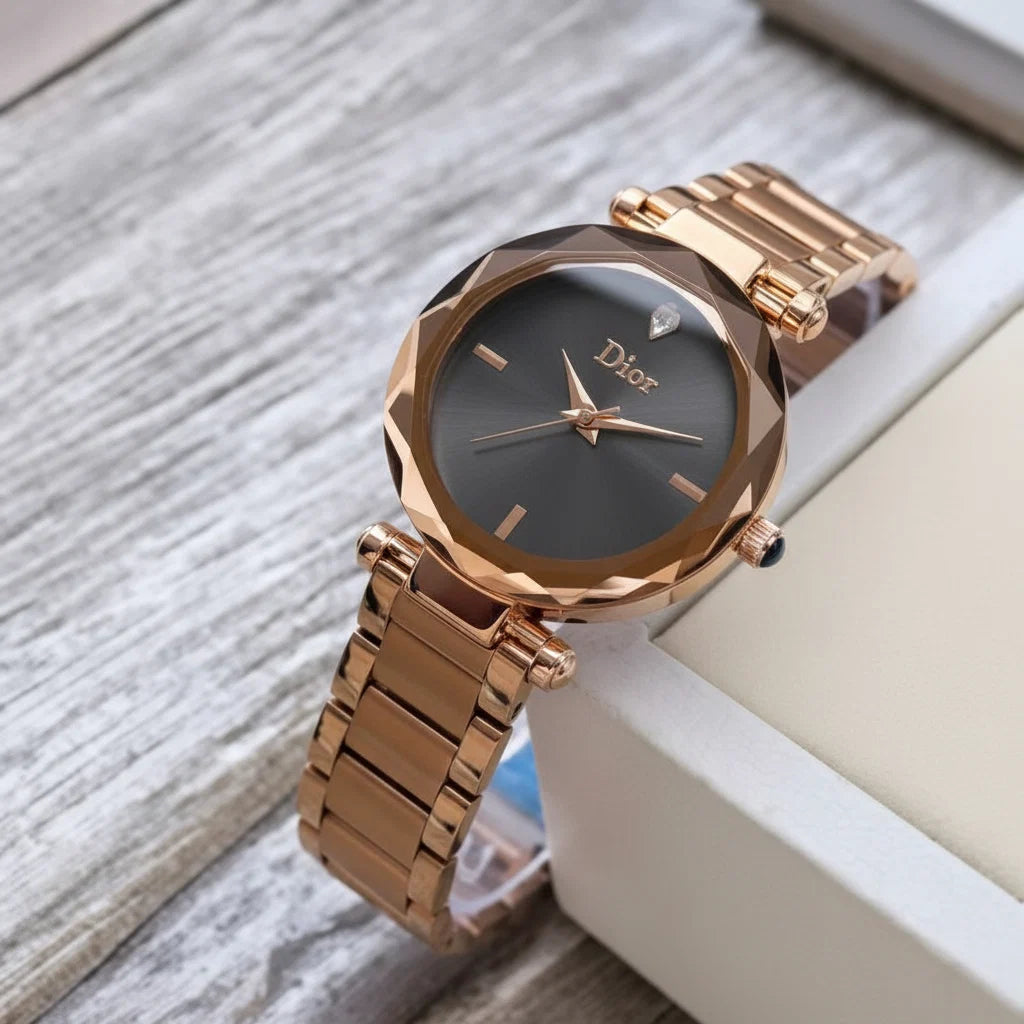 Rose Gold Luxury Women’s Watch with Black Dial & Metal Bracelet