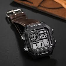 Casio Style Digital Sports Watch for Men – Black World Time Watch with Brown Leather Strap