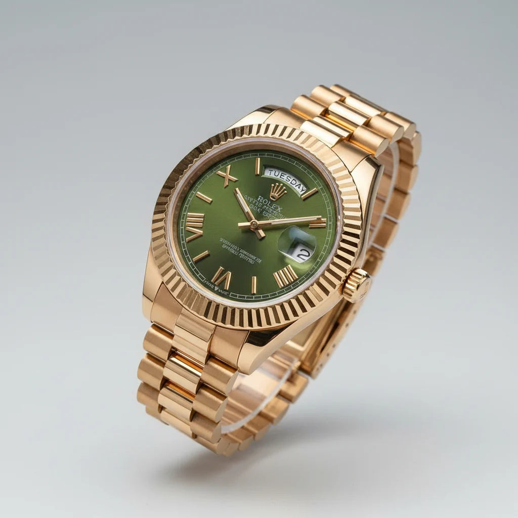 Luxury Gold Green Dial Watch | Fluted Bezel & Day-Date