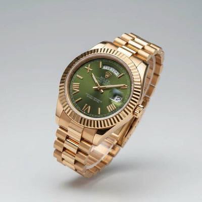 Luxury Gold Green Dial Watch | Fluted Bezel & Day-Date