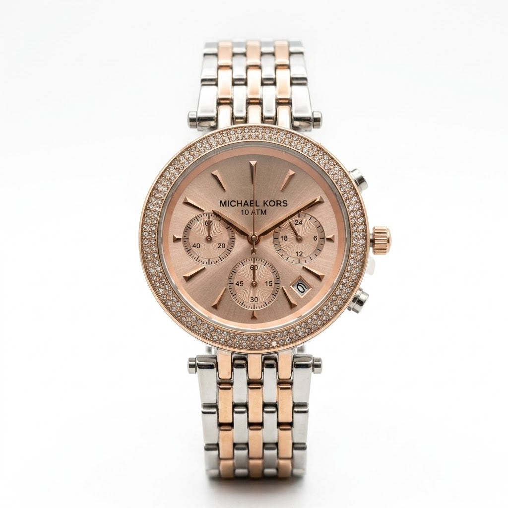 Michael Kors Rose Gold Silver Chronograph Watch | Crystal Bezel