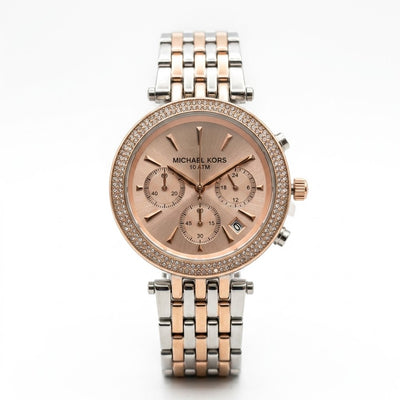 Michael Kors Rose Gold Silver Chronograph Watch | Crystal Bezel