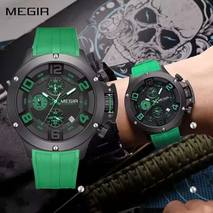 Black Green Chronograph Sports Watch | Bold Dial & Date