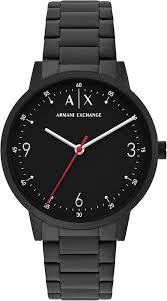 Men's Black Round Watch with Stainless Steel Bracelet & Red Seconds Hand