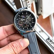 Men's Silver Skeleton Automatic Watch with Grey Silicone Strap