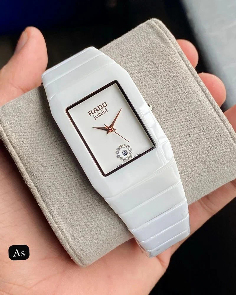Elegant White Rectangular Watch | Rose Gold Dial & Date