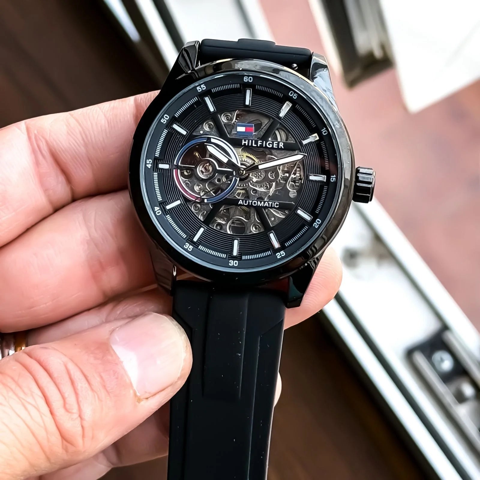 Men’s Black Skeleton Automatic Watch with Leather Strap